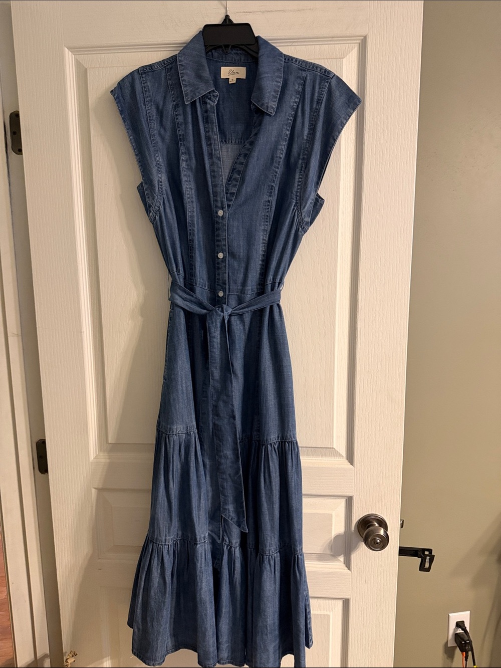 Elan Blue Denim Sleeveless Maxi Shirtdress with Waist Tie